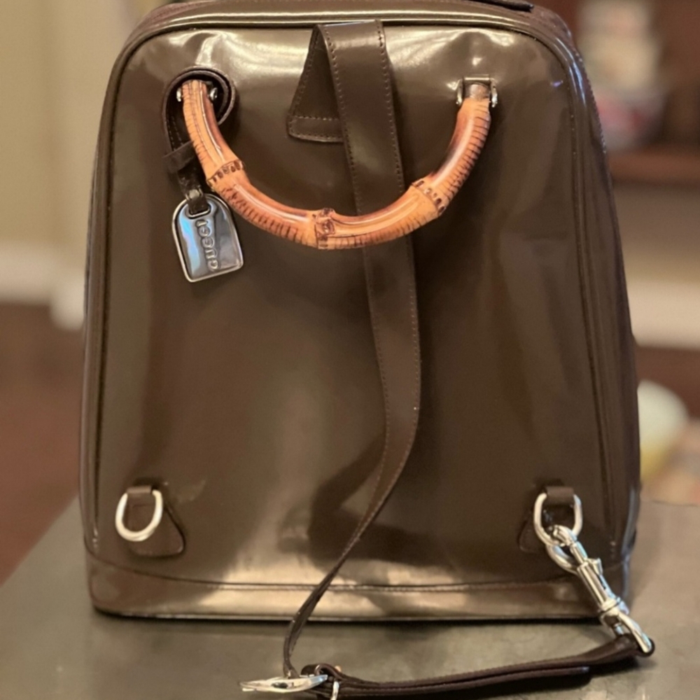 VINTAGE & Rare Gucci Bamboo Patent leather & Canvas combo Sling Backpack